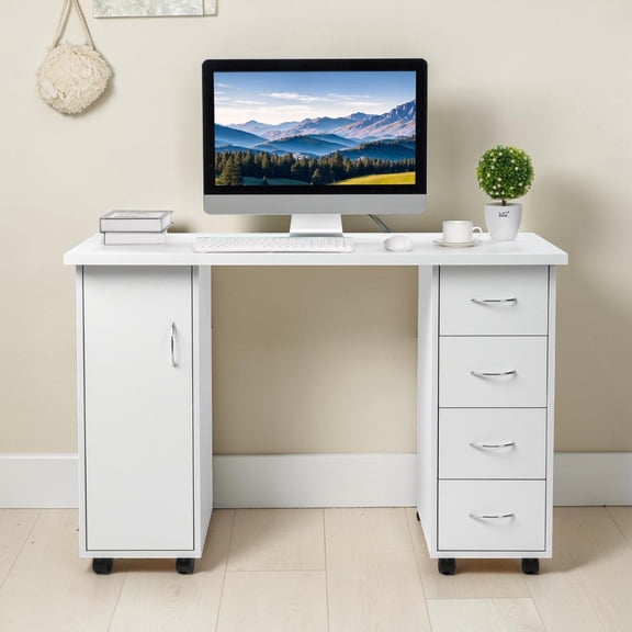 Hassch Rolling Computer Desk with 4 Drawers & 1 Storage Cabinet, Professional Nail Tech Table with Wrist Cushion, for Beauty Salon, Spa and Home Use, 47.2"W x 21.2"D x 31.9"H, White