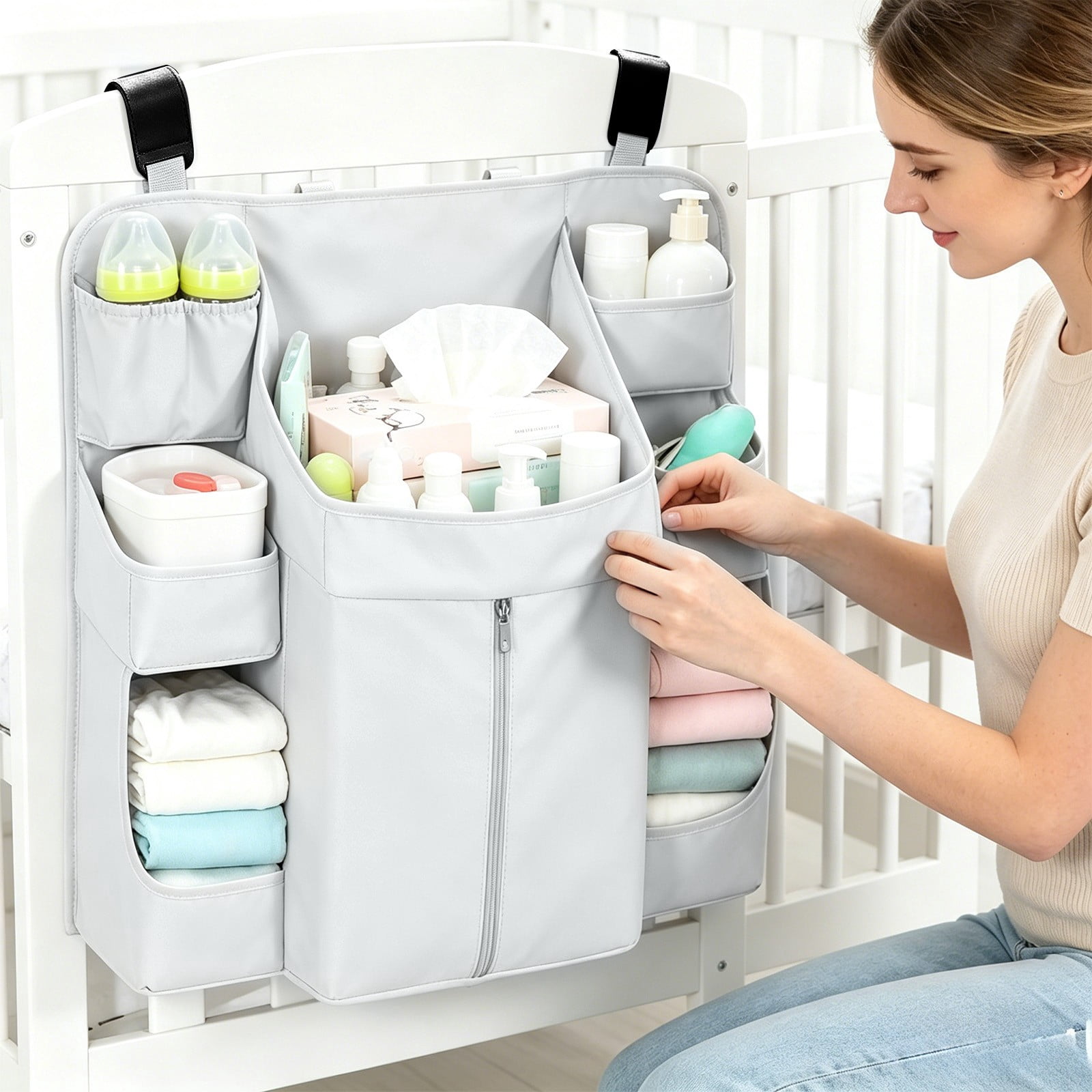 Hanging Crib Organizer with Multi-Pockets, Baby Diaper Caddy Storage Bag, Washable Nursery Organizer for Diapers, Bottles, Wipes and Baby Essentials Gray