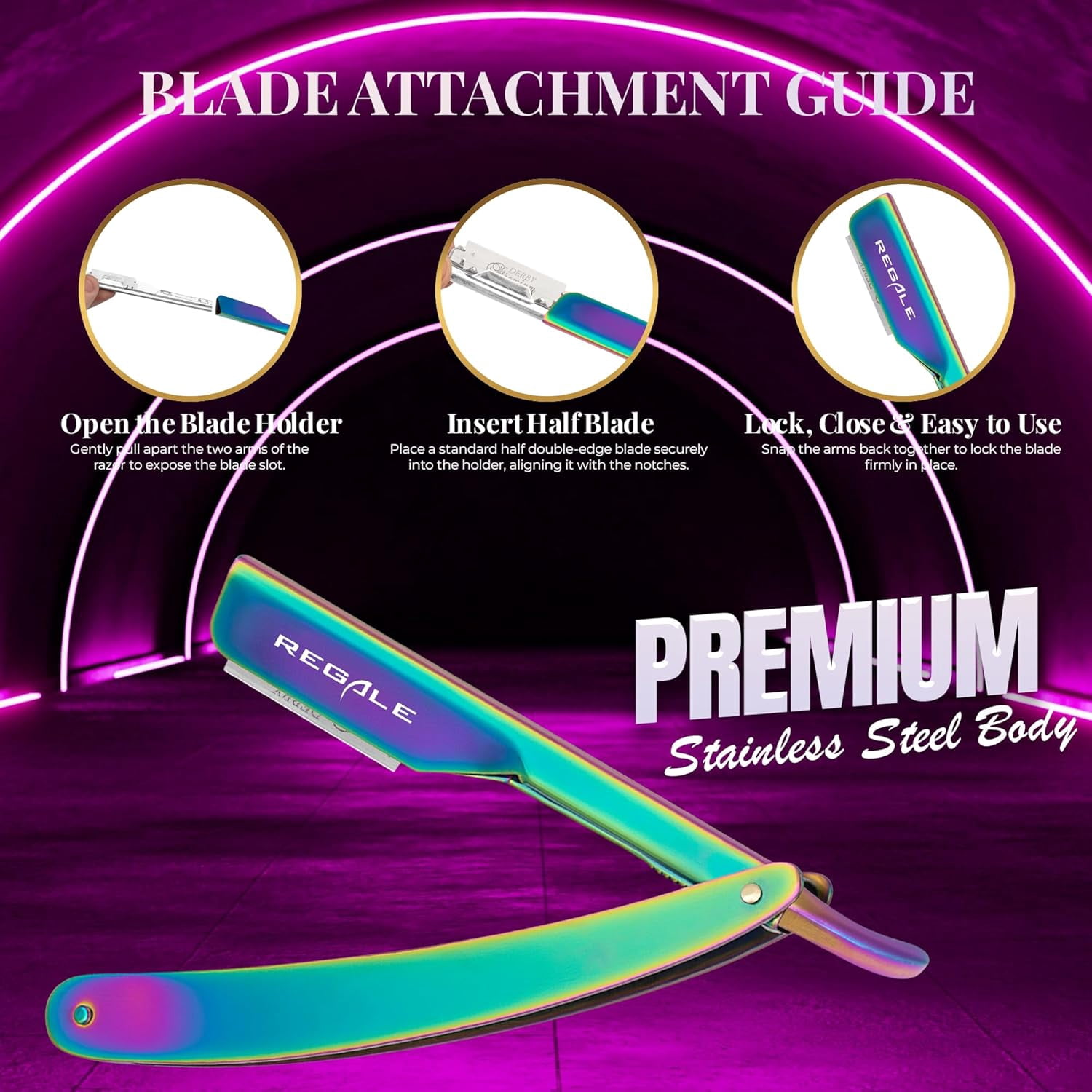 Regale Barber Supply Rainbow Holographic Straight Edge Razor, Multi Titanium Hitachi Quality Blade Razor For Shave