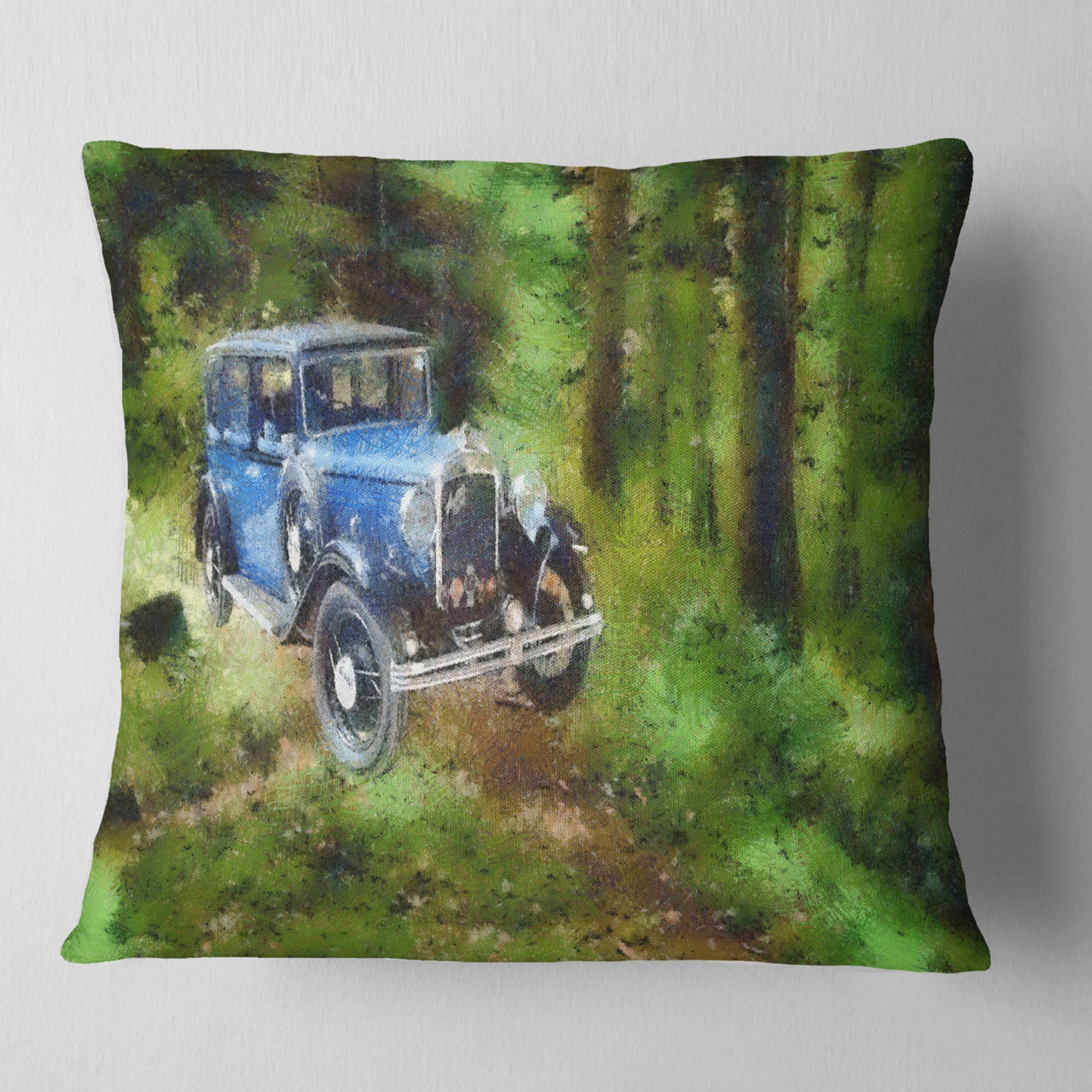 Designart Dark Blue Vintage Car Oil Painting - Car Throw Pillow - 18x18