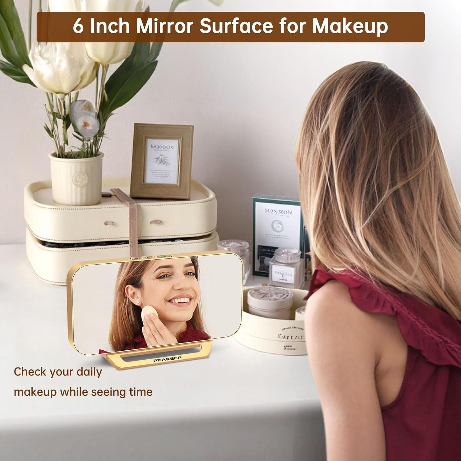 Slim Digital Mirror Aesthetic Alarm Clock for Bedrooms Desk Decor - Plug in Electric Big LED Modern Small Clock for Office Living Room, Battery Backup, 6 Dimmers (Gold)