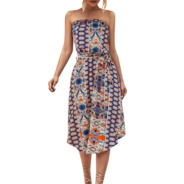 Gibobby Vestidos Casuales para Mujer Vestido largo informal de playa con estampado de estilo étnico para mujer(Azul,M)