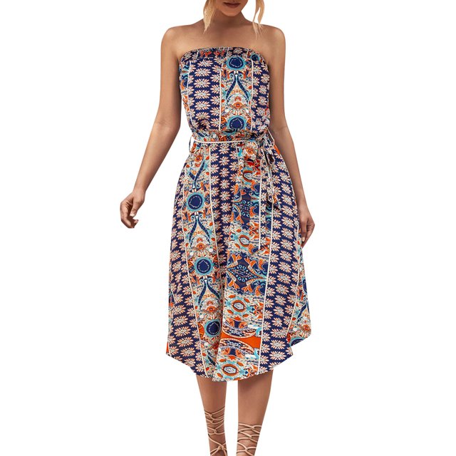 Gibobby Vestidos para Mujer Vestido largo informal de playa con estampado de estilo étnico para mujer(Azul,XL)