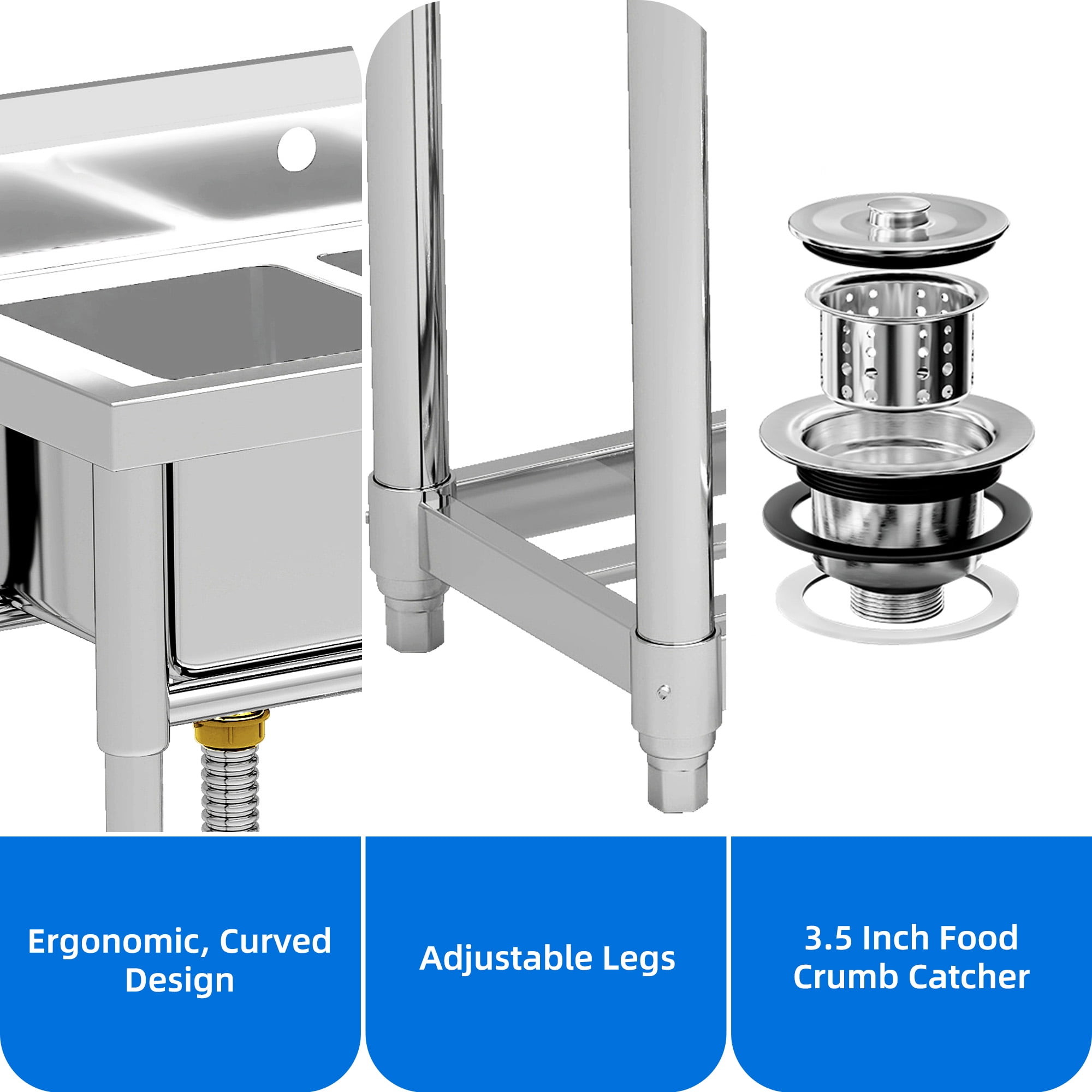 DEXTRUS Stainless Steel Utility Sink, 3 Compartment Commercial Sink for Restaurant, Laundry, Garage, Workshop