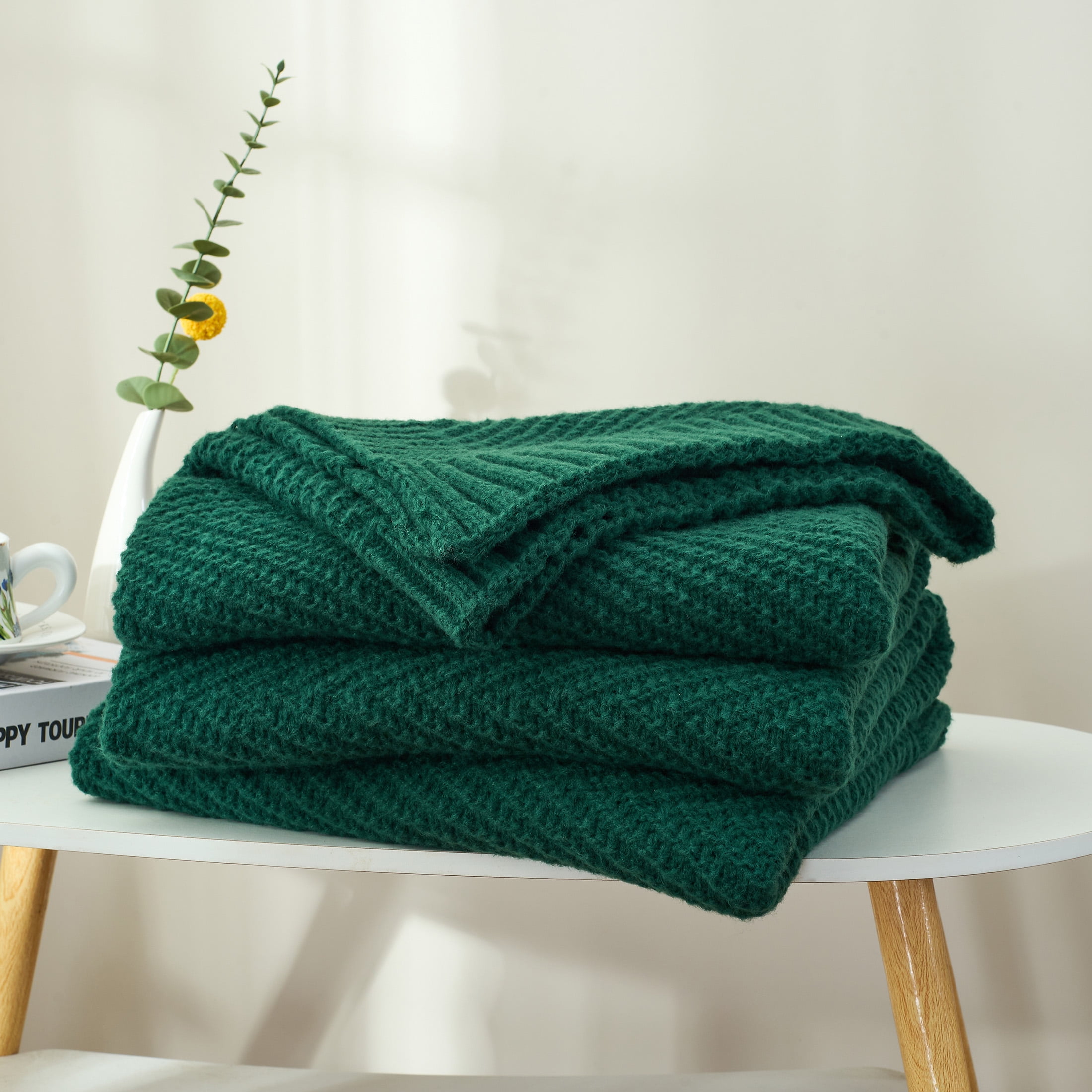 LONG CREATE Soft Knitted Throw Blanket 60" x 80" Dark Green, Boho Chevron Farmhouse Throw for Bed Couch