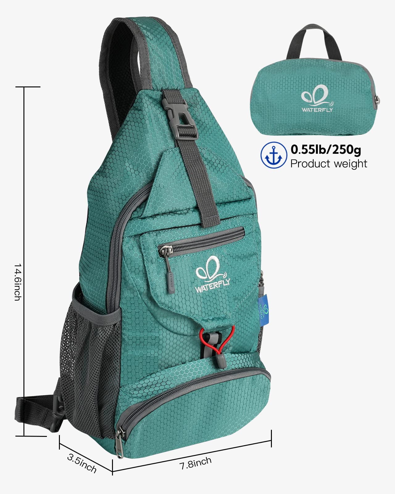 WATERFLY Unisex Small Packable Hiking Travel Sling Bag Cross-Body Shoulder Chest Bag,Green