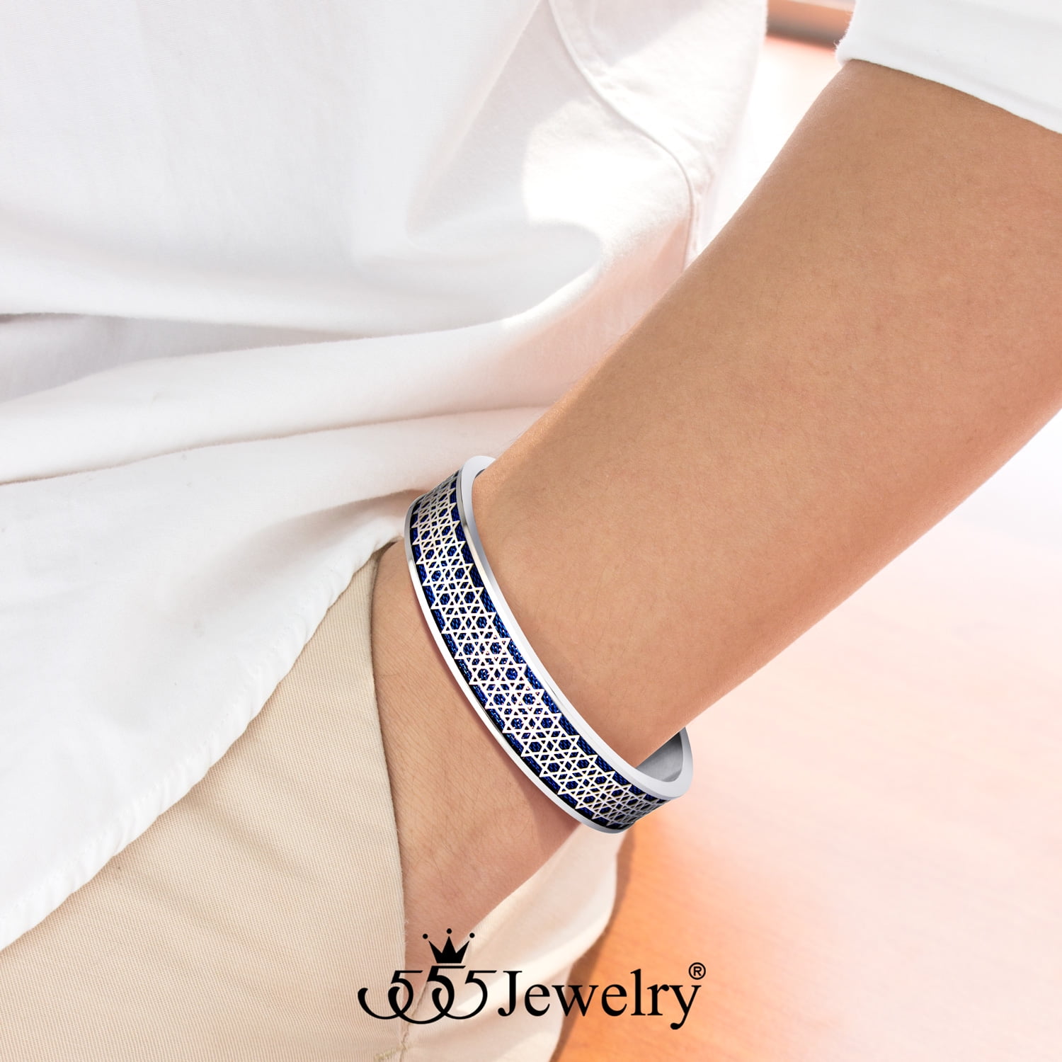 555Jewelry Stainless Steel Cuff Bangle Star of David Bracelet for Men and Boys, Silver/Blue