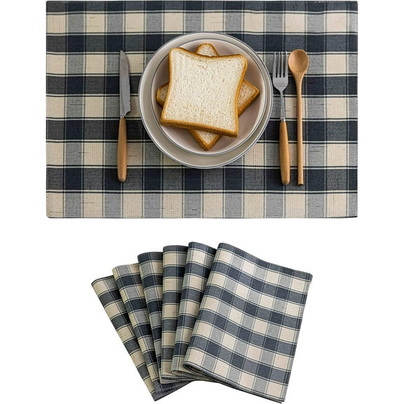 Buffalo Plaid Placemats Set of 6 Farmhouse Style Double Layered Heat Resistant Fabric Dining Table Place Mats for Kitchen Table, 12 x 18 inches, Checker, Grey and Beige
