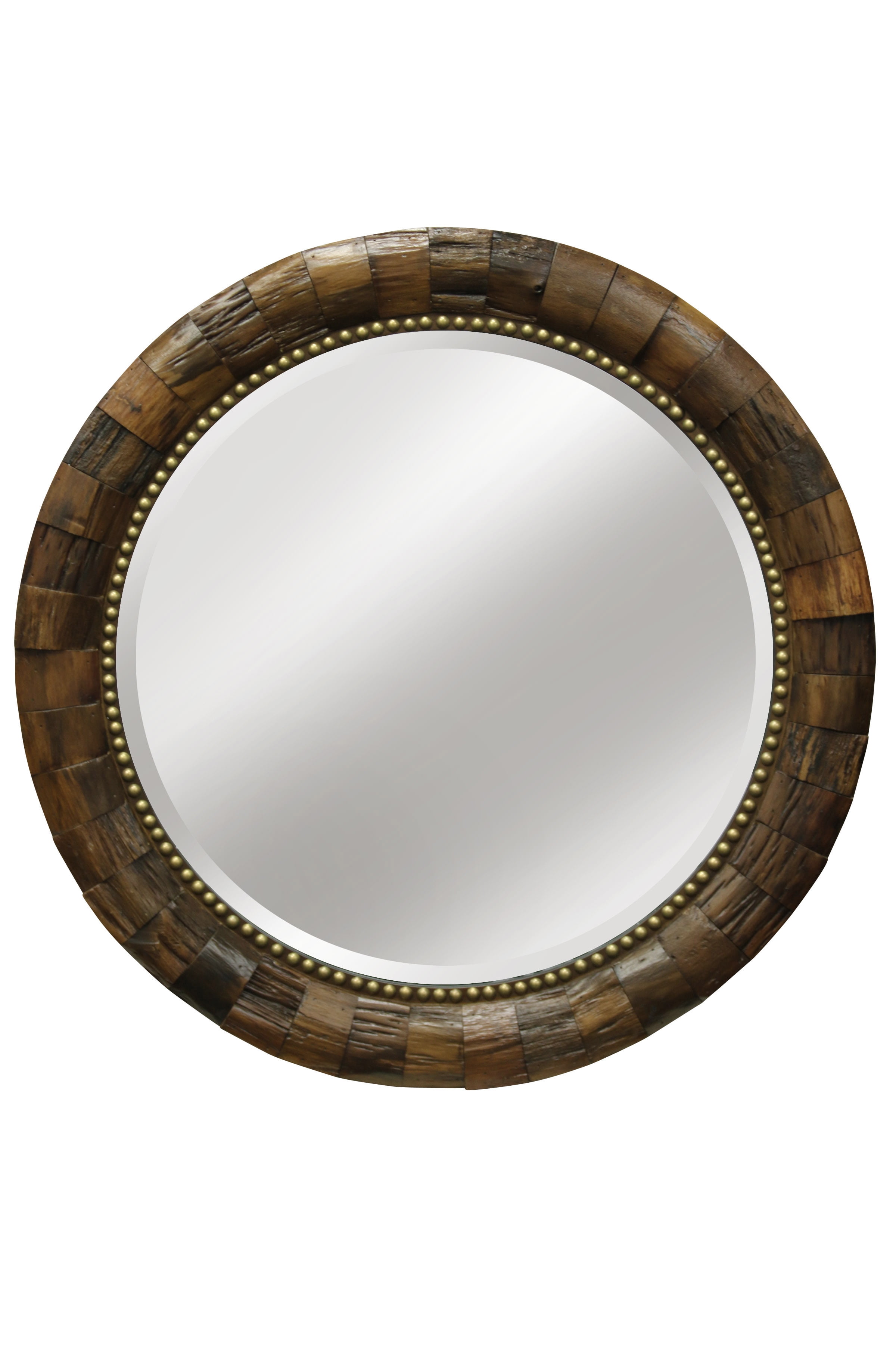 Round Wood Mirror With Nail Head Trim Natural Finish