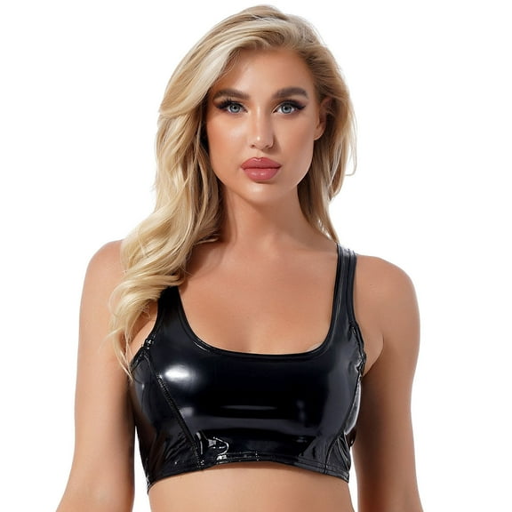 Women Shiny Leather Tank Top, Glossy PVC Leather, Hot Breast Exposed, Wetlook Latex Vest