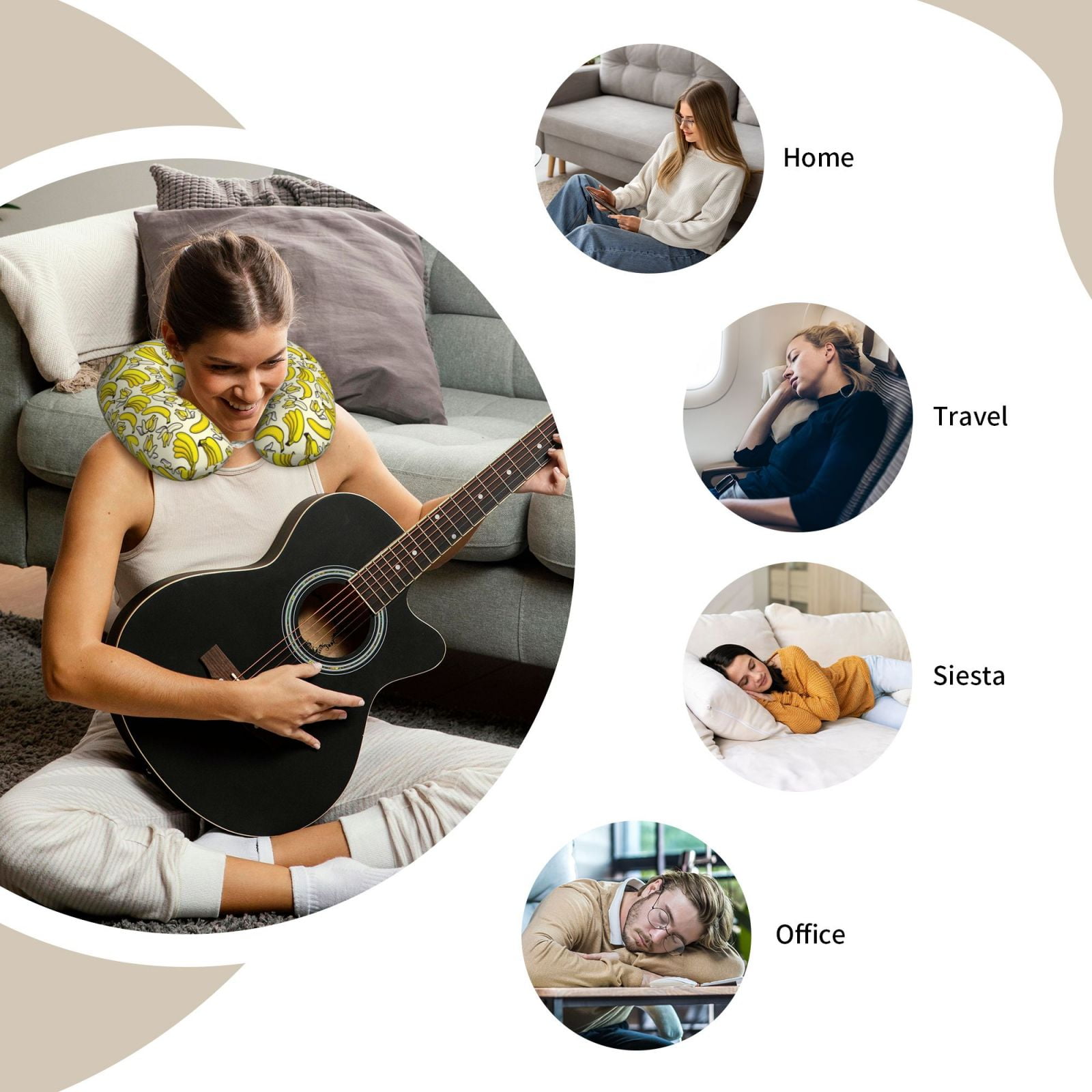Xecao Banana Print Memory Foam Cervical Neck Pillow Versatile U-Shaped Pillows for Home,Office,Camping,Travelling,Soft Washable Cover