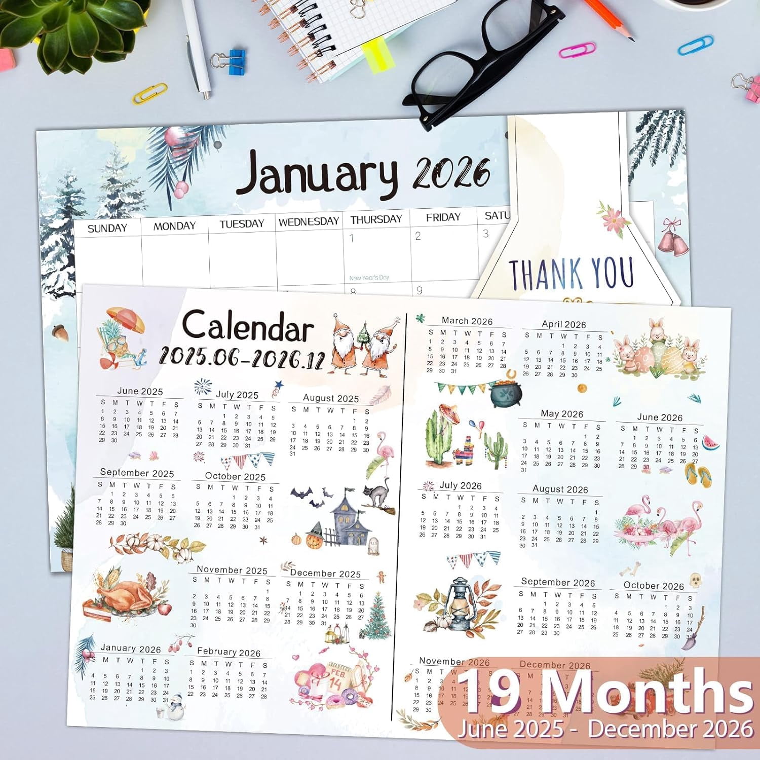 Desk Calendar 2025-2026, School Year Calendar 2025, 19-Month Desk/Wall Calendar, 2025 Jun - 2026 Dec, 17" X 11.5" Monthly Planner With Corner Protectors, Thick Paper For Home Office