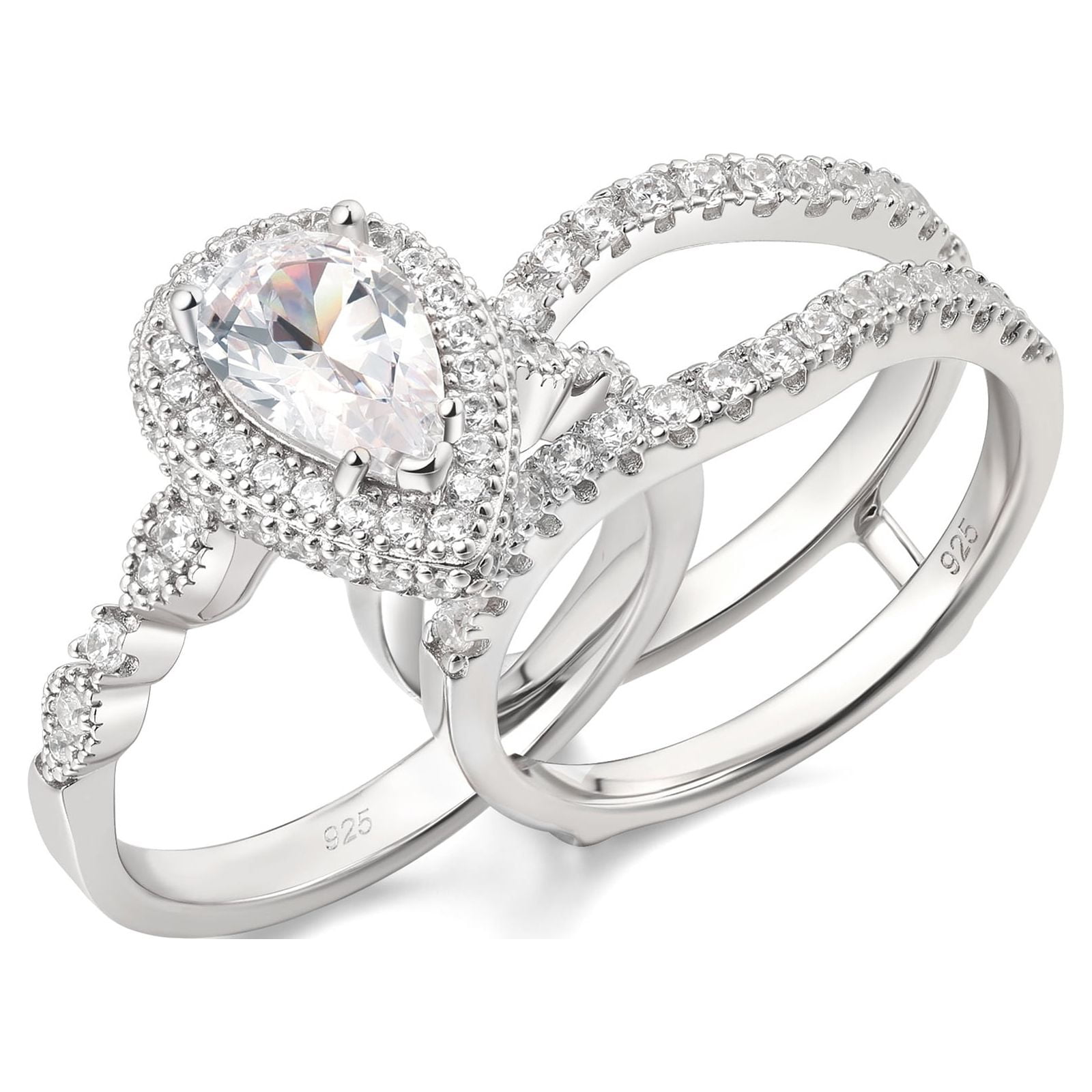 Newshe Jewellery Wedding Rings for Women Bridal Ring Enhancer Engagement Ring 3Ct Pear White Gold 925 Sterling Silver 5A Cz Size 7