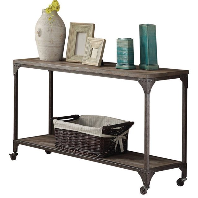 Bowery Hill Console Table with Casters in Weathered Oak