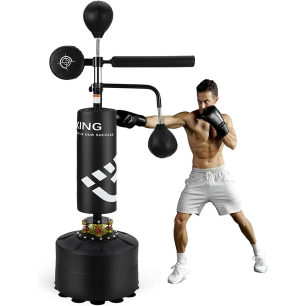 QinaQin Costal de box 5 en 1 con base para adultos y niños, incluye barra de reacción, pera loca y objetivo de golpeo, altura ajustable para kickboxing