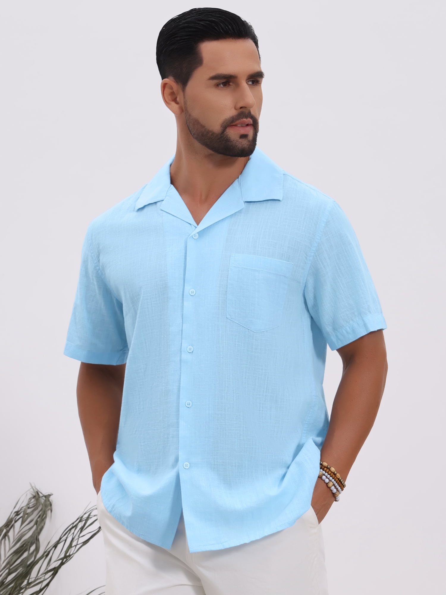 DARING DIVA Men's Camp Collar Button Down Short Sleeve Cotton Shirts S Light Blue