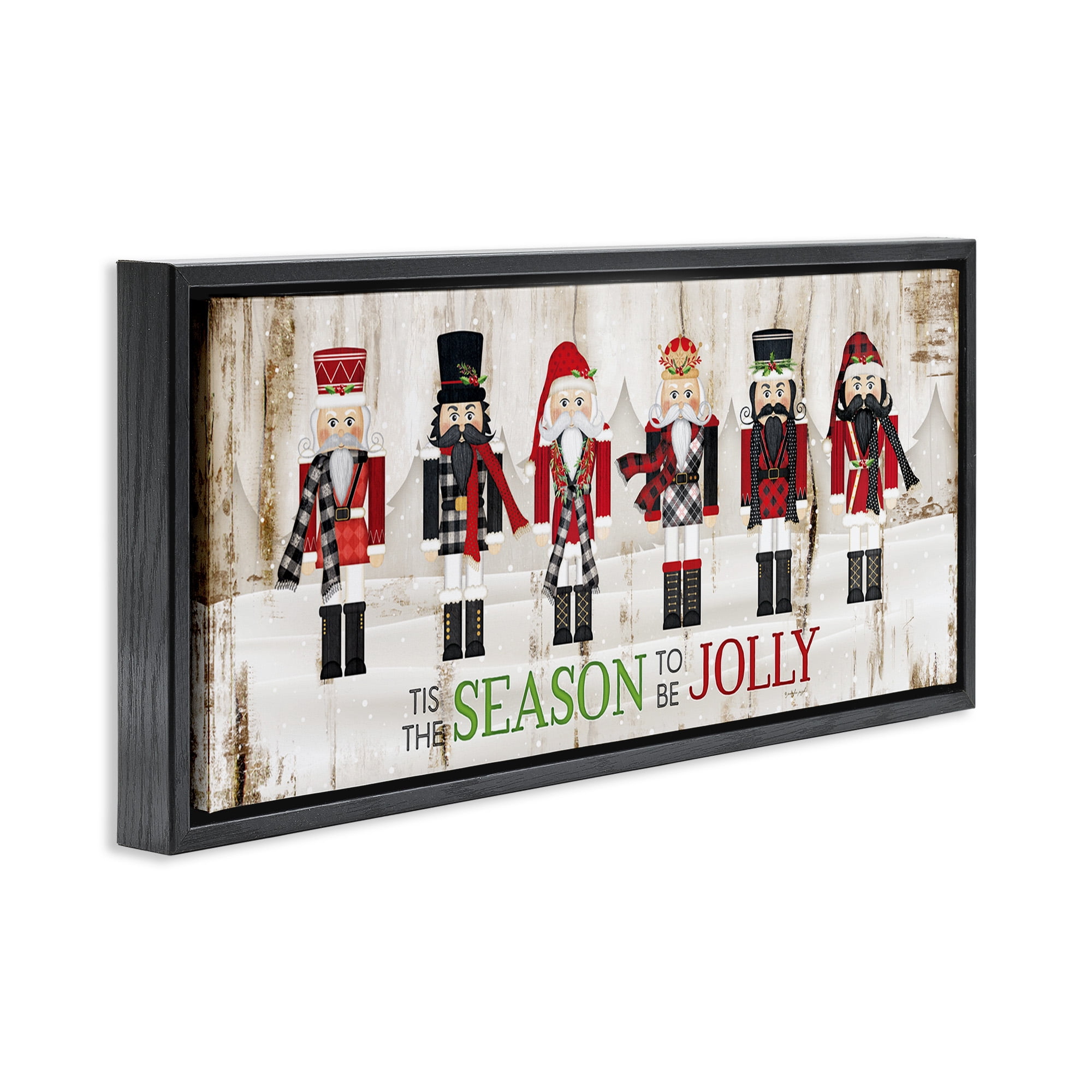 Stupell Industries Festive Phrase Winter Nutcrackers Inspirational Painting Black Floater Framed Canvas Art Print Wall Art, 25 x 11