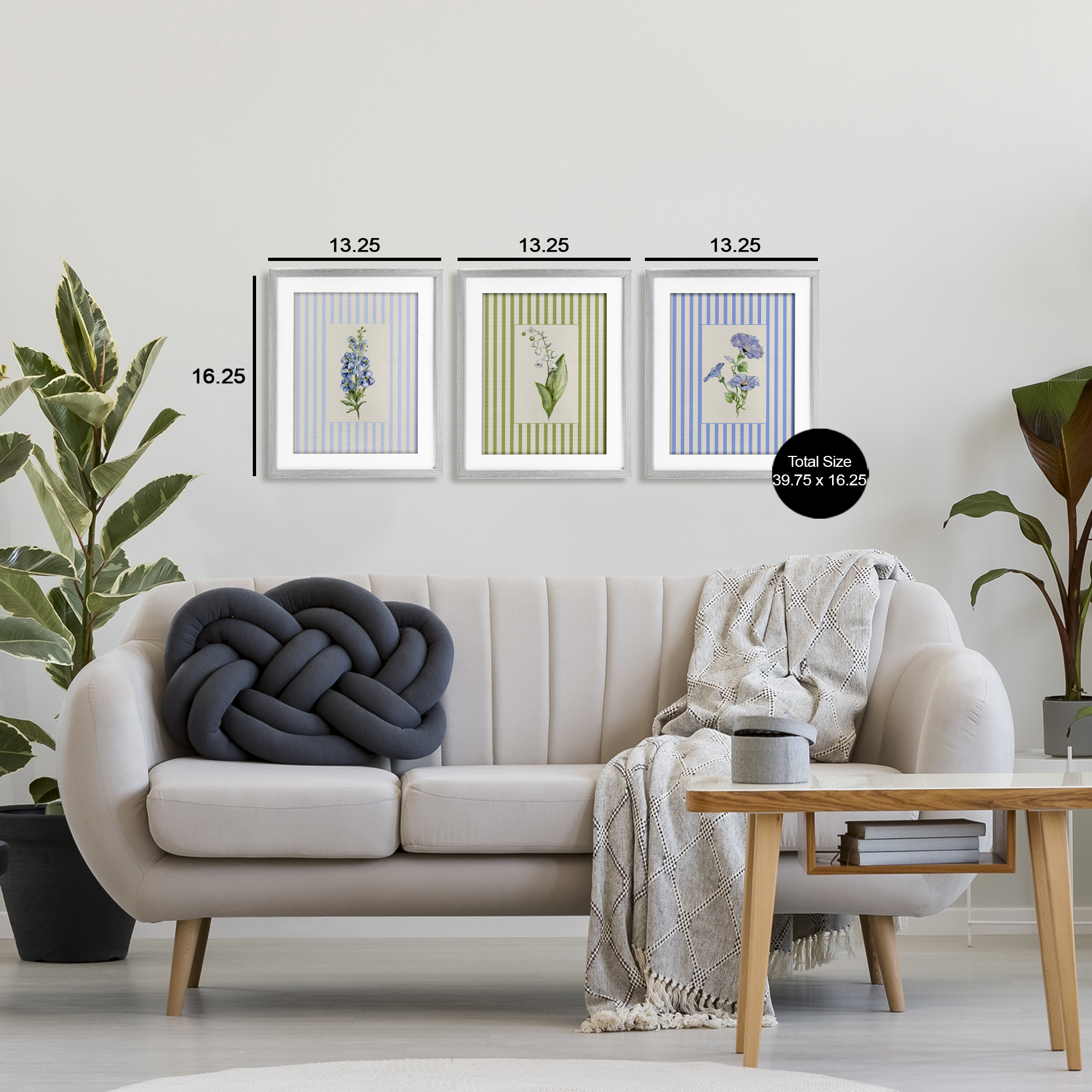 Soft Stripe Cottage Blooms 3 Piece Gray Framed Print Under Glass Set, design by Lisa Wehmeyer