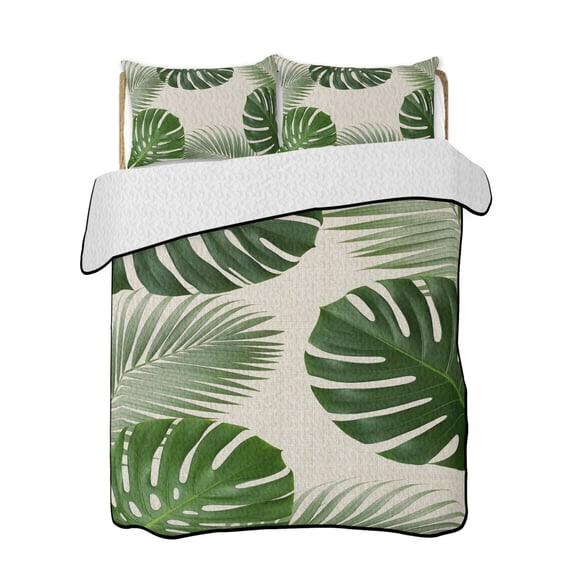 Quilt King Size Bedding Set, Tropical Plants Reversible Summer Quilt 3 Pieces, Summer Botanical Green Monstera Leaves Lightweight Bedspreads Coverlets with 2 Pillow Shams for All Seasons