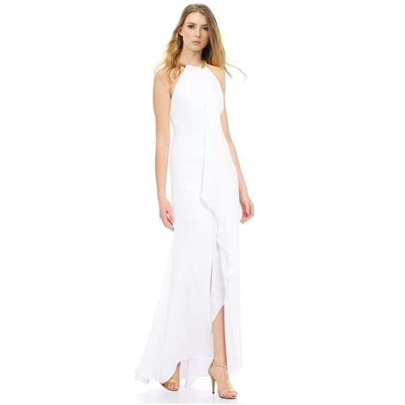 Calvin Klein Beaded Neck Halter Sleeveless Chiffon Evening Gown Dress