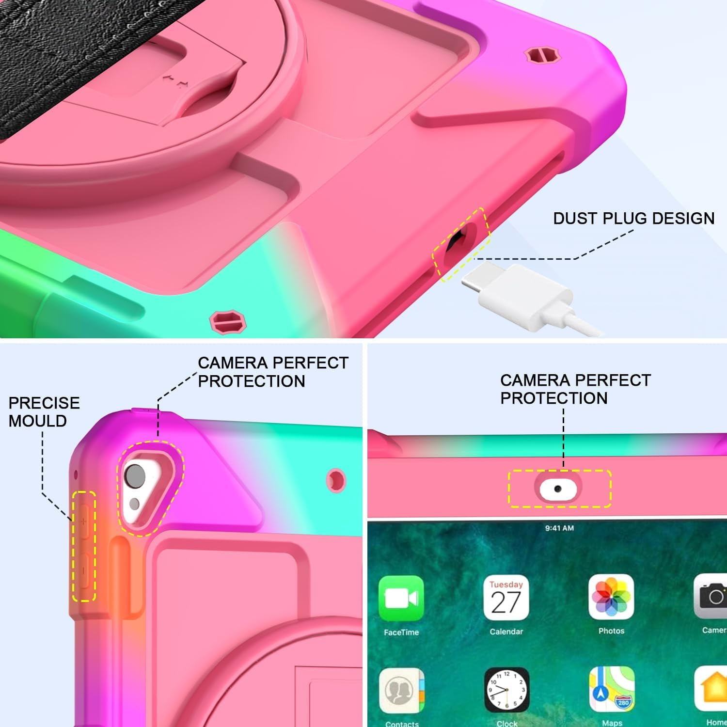 SUPNICE Rugged Case for iPad 9.7 Inch 2018/2017, 3 Layer Hybrid Shockproof [360 Rotating Stand] [Hand Strap] [Pencil Holder] Kids Case, iPad 6th Generation Case, iPad 5th Generation Case, Pink