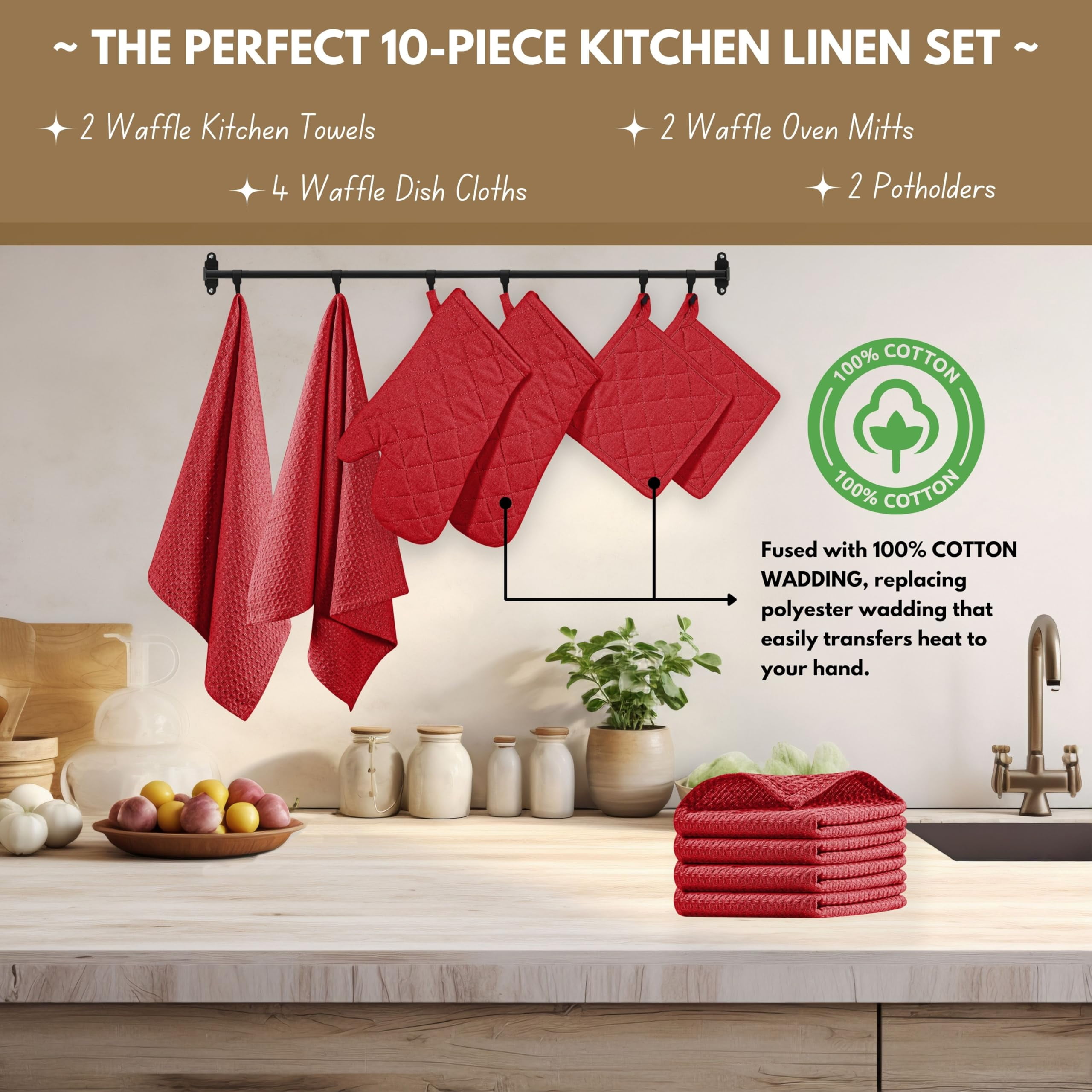 Native Fab 10-Piece Kitchen Set – Includes Oven Mitts, Potholders, Kitchen Towels & Dishcloths, Heat Resistant, 100% Cotton, Durable & Absorbent, Perfect for Cooking, Baking & Everyday Use - Red