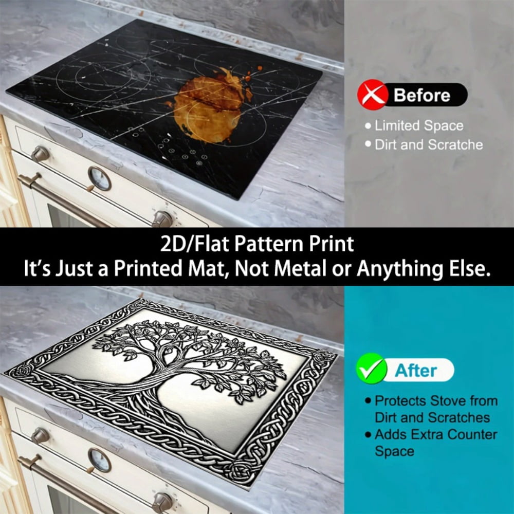1 2D/flat stove cover protection pad, Celtic junction frame embossed tree pattern design, 28.3x20.5 inches (72×52cm), easy to clean, perfectly suitable for any kitchen, washing machine, dryer, stove