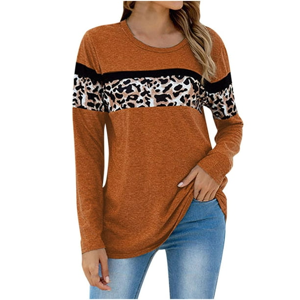 Top casual de leopardo empalmado de manga larga con cuello en O para mujer Pompotops gfhjh16304