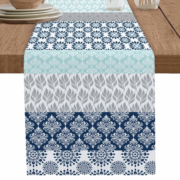 Vintage Bohemian Flower Geometric Stripe Table Runner-70 Inch Long Abstract Leaves Table Runners Linen Burlap Tablerunner for Kitchen Dining Room Holiday Party