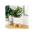 thumbnail image 3 of Ceramic Plant Pot with Stand - Decorative Round Planter with Bamboo Base - Boho Modern Indoor Flower Pot for Home or Office - 9" Ivory & Tan, 3 of 12