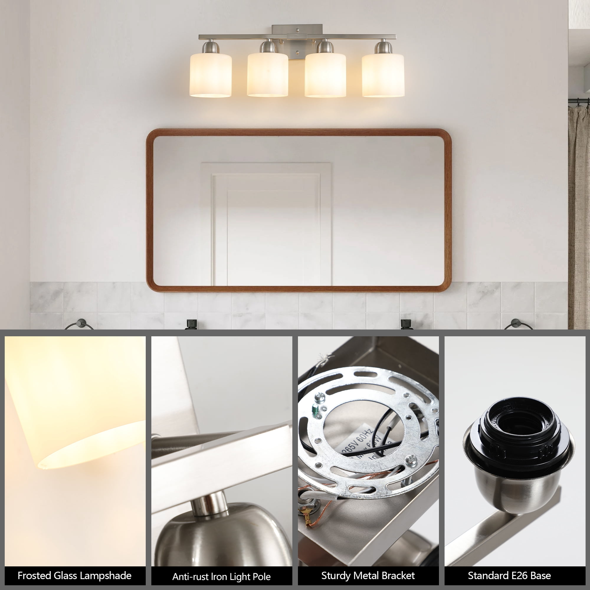 4 Light bathroom lighting fixtures 24.8 inch over mirror&nbsp;Nickel Vanity Lights &nbsp;for Mirror Bedroom/BathroomLiving Room 4* E26 Base Up and Down Reversible Mounting