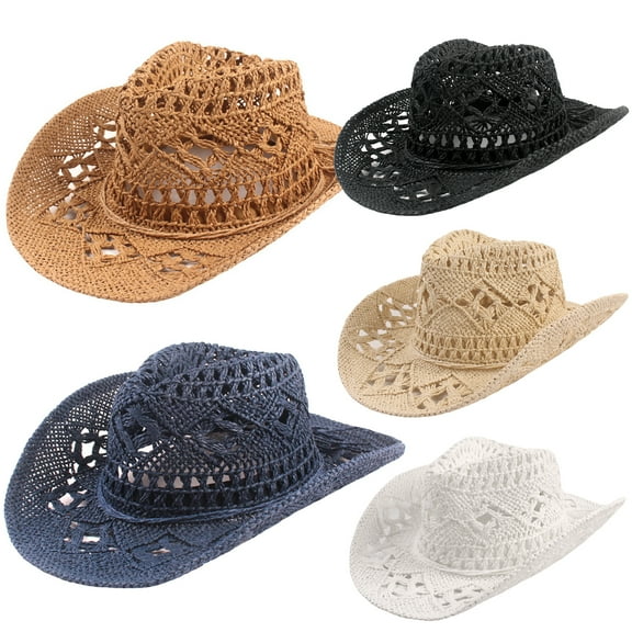Unisex Vintage Hollow Out Straw Cowboy Hat, Western Cowboy Hat for Holiday Party, Travel Beach Wide Brim Sun Hat