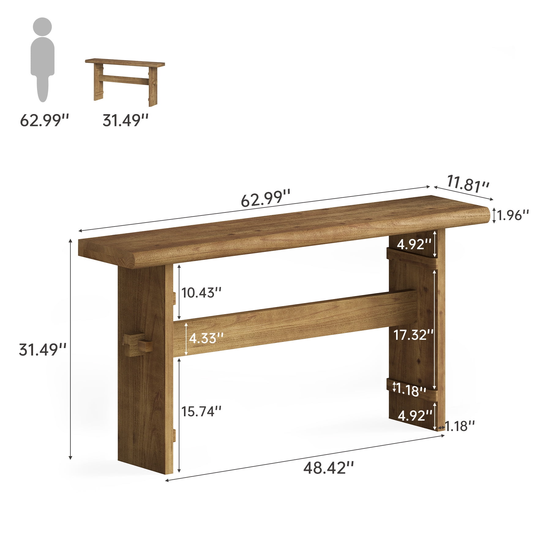 Finmind Solid Wood Console Table for Entryway, 63-Inch Long Farmhouse Sofa Table Behind Couch, for Foyer, Hallway, Living Room