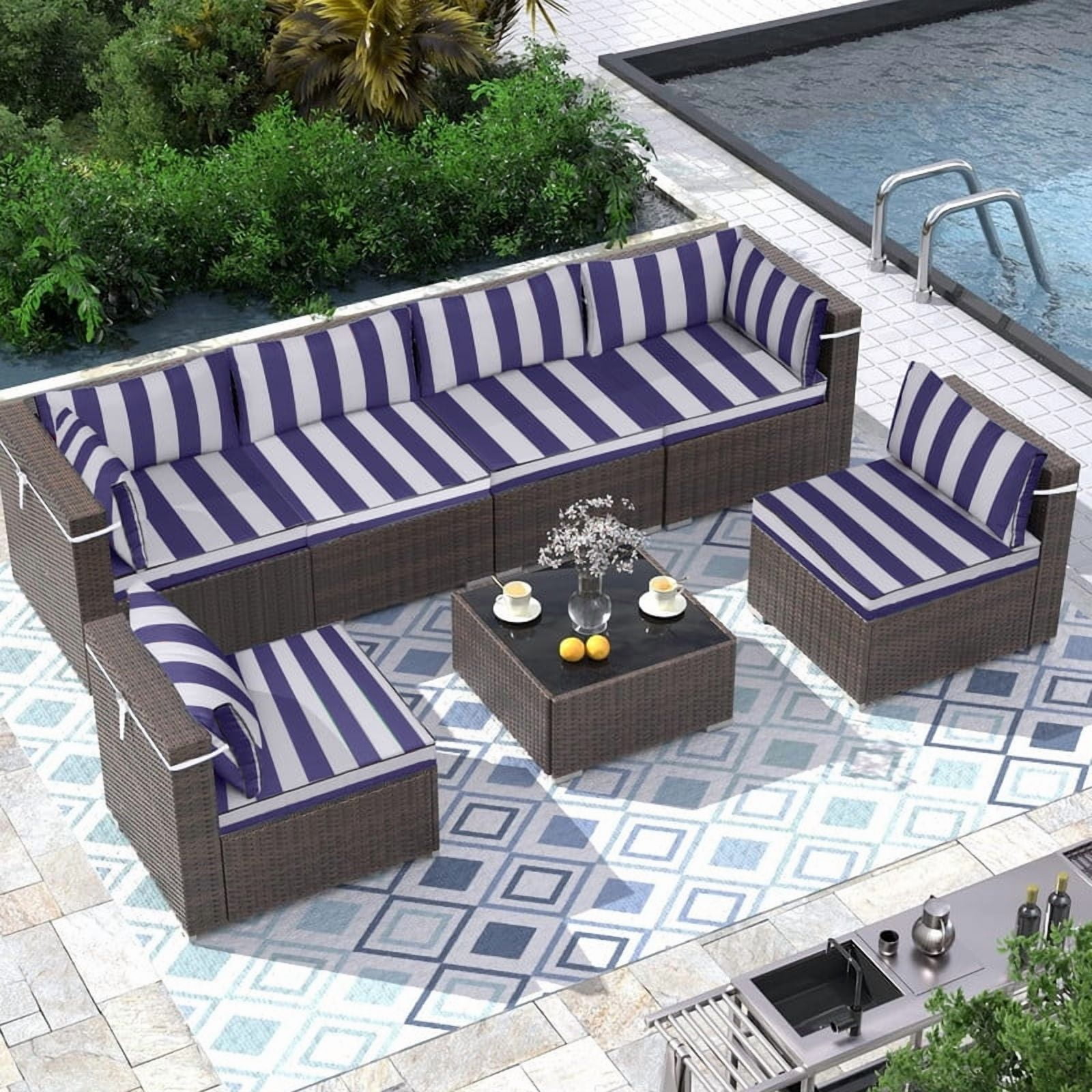 14 Pieces Outdoor sectional cushions replacement set, 4in thick patio furniture cushions, Waterproof Outdoor Couch Cushion,deep seat patio cushions For 6 Seat（Blue white）