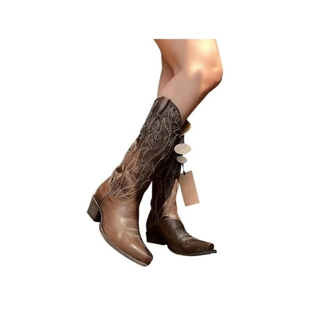 

UKAP Womens Fashion Mid Calf Boot Riding Western Boots Square Toe Cowgirl Shoes Dark Brown 7