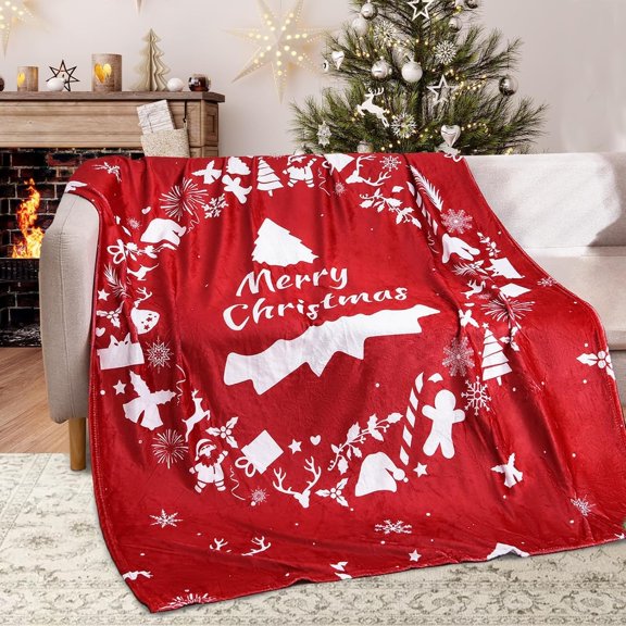 Christmas Flannel Throw Blanket, Red Merry Christmas Wreath Print Soft Warm Blanket