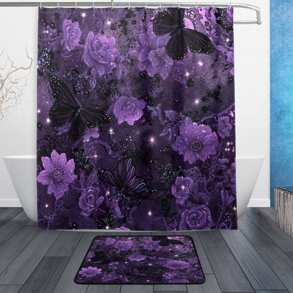 TTYFWHD 60" x 72" Shower Curtain and Bath Mat Set Gorgeous Pink Flowers and Butterflies Waterproof Bathroom Curtain with 12 Hooks, Bathroom Decor Set