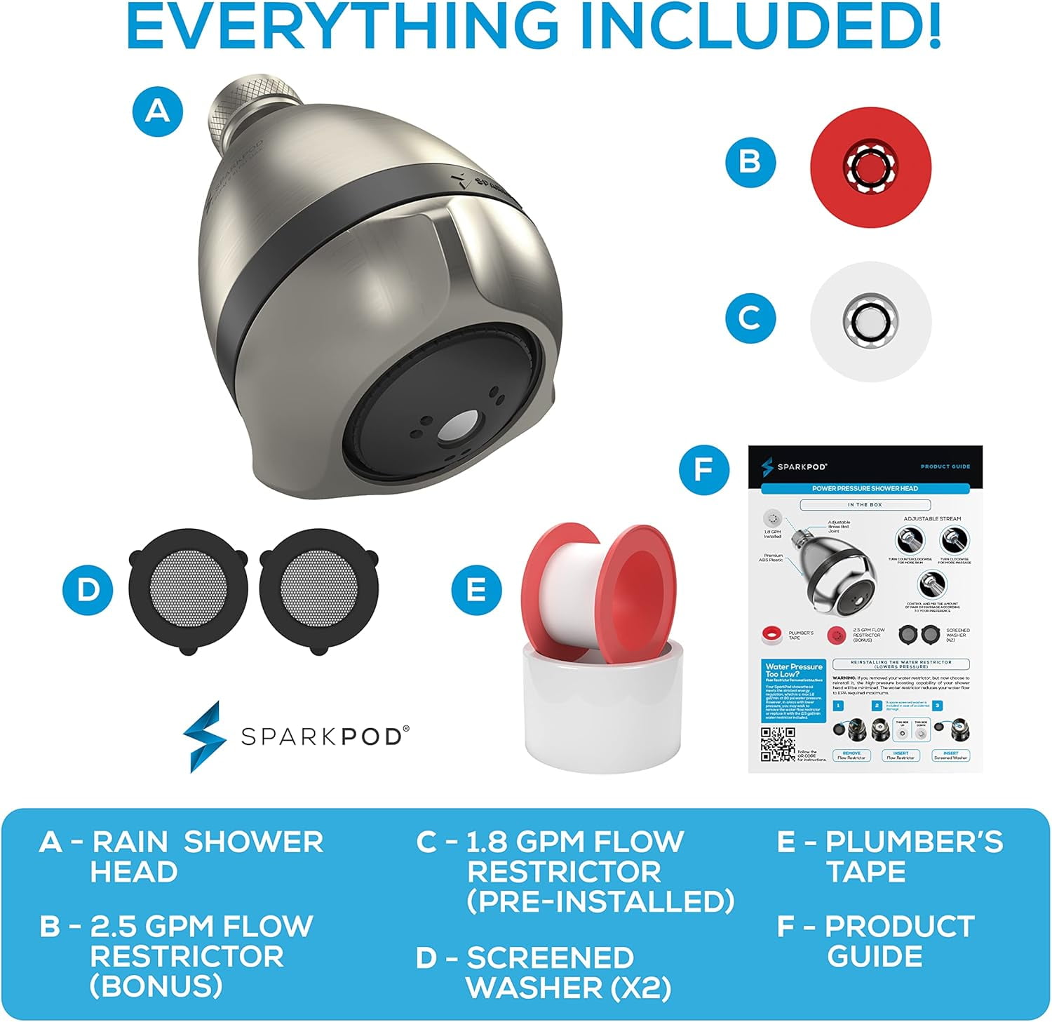 SparkPod High Pressure Shower Head - Rain, Massage & Pulsating Modes, Water-Saving, Wall Mount (Brushed Nickel)