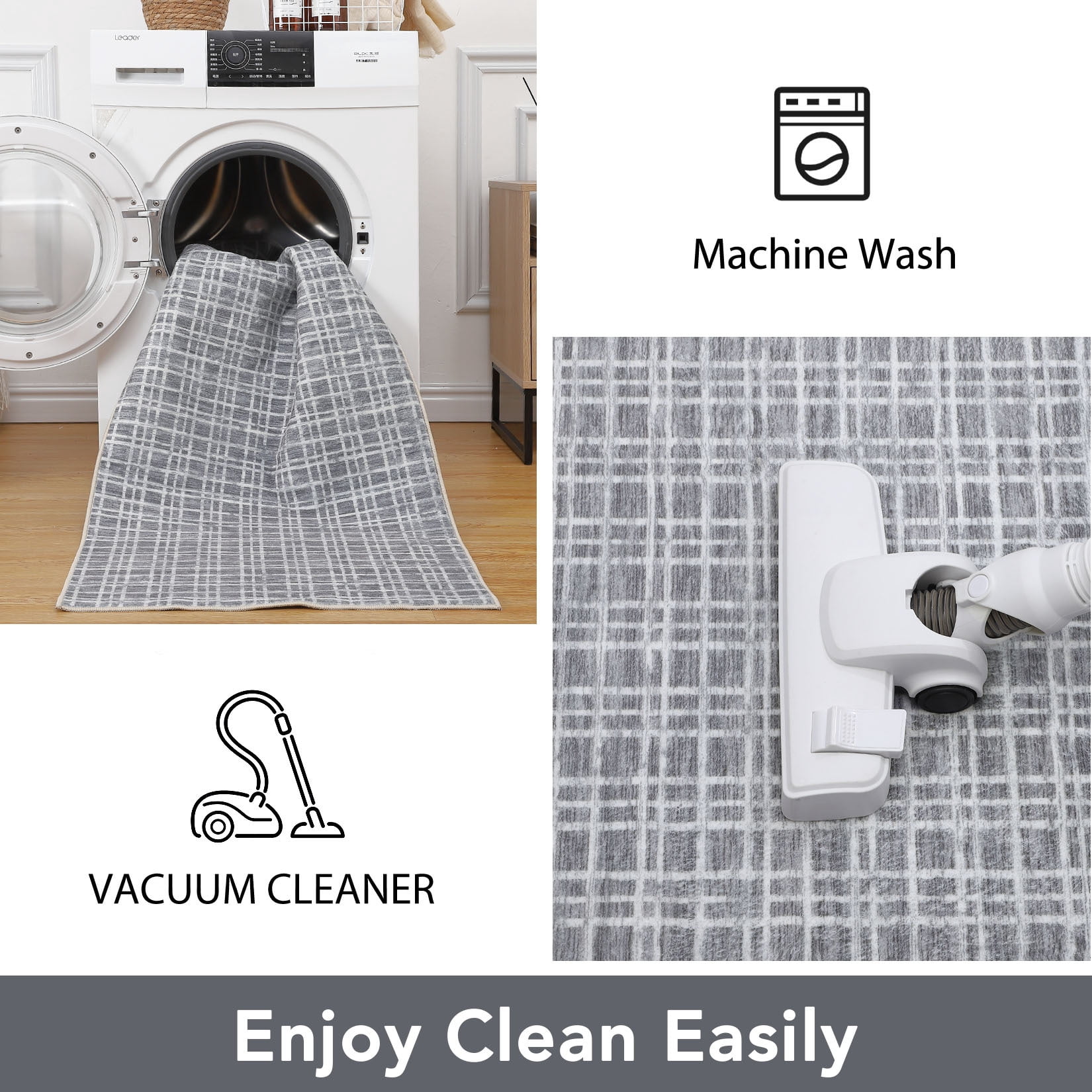 Aoile 5' x 7' Washable Area Rug, Modern Plaid Rug, Soft Faux Wool Rug Non-slip Low Pile Accent Small Rug for Bathroom Bedroom Kitchen Laundry, Dark Grey