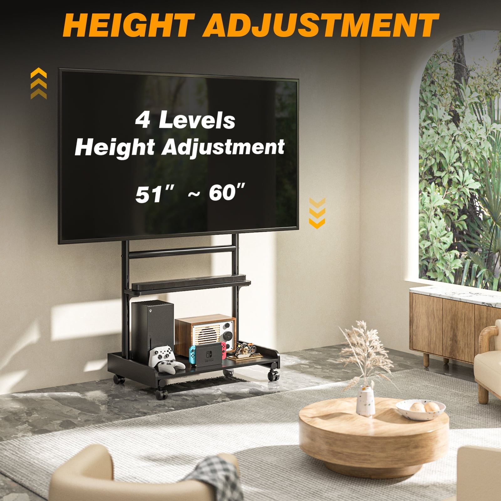 RTVR Modern Rolling TV Stand for 40-86 inch TVs, with 4 Universal Silent 360° Caster Wheels & Storage Shelf, Black