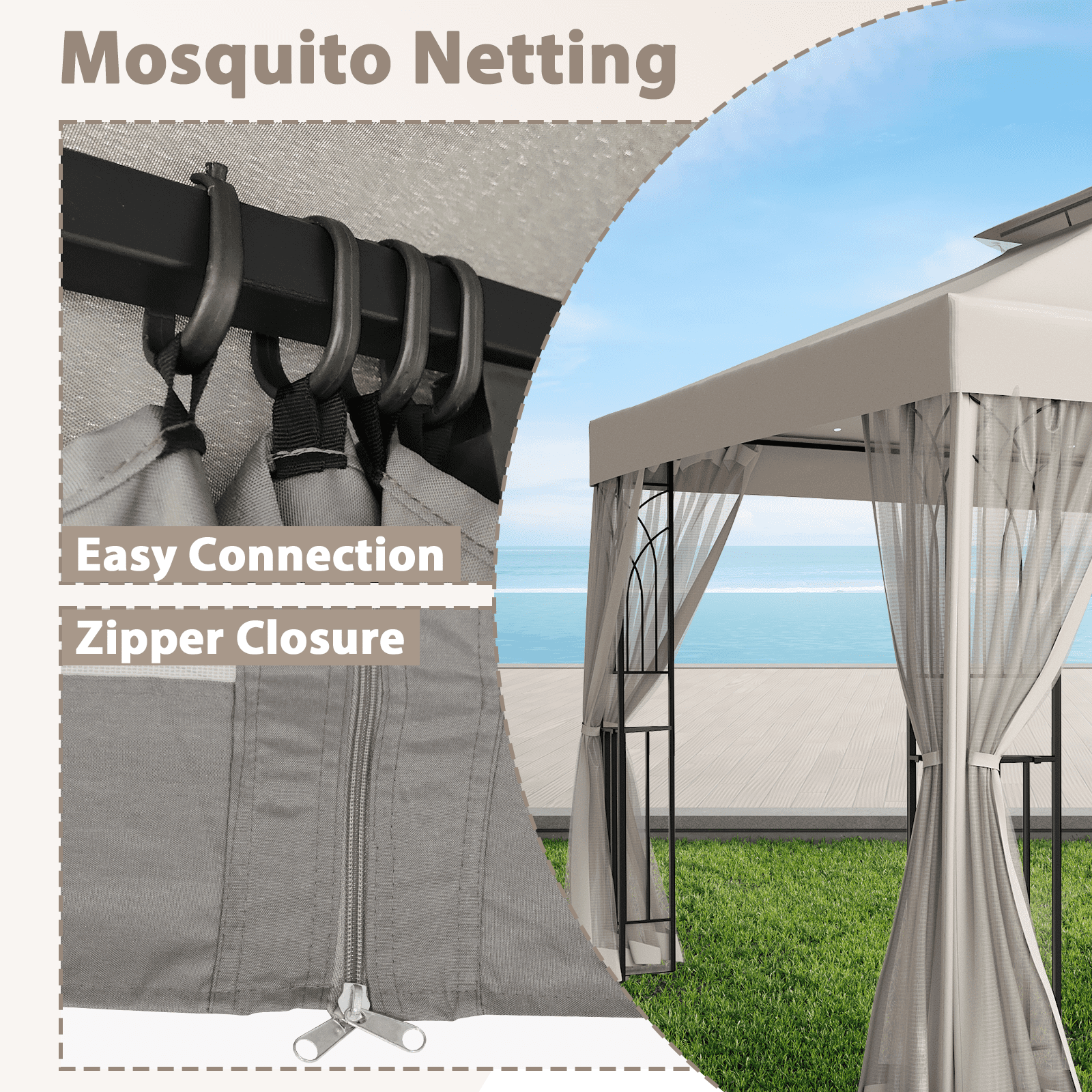 EAGLE PEAK 10 ft. x 10 ft. Outdoor Patio Gazebo Canopy Tent with Ventilated Double Roof and Mosquito Net,Beige