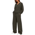 thumbnail image 4 of Xaqiouau Women's V-Neck Sweatshirt and Wide Leg Pants Set Loose Fit Long Sleeve Pullover Top High Waisted Drawstring Tracksuit Casual Lounge Wear 2 Piece Outfit Army Green L, 4 of 9
