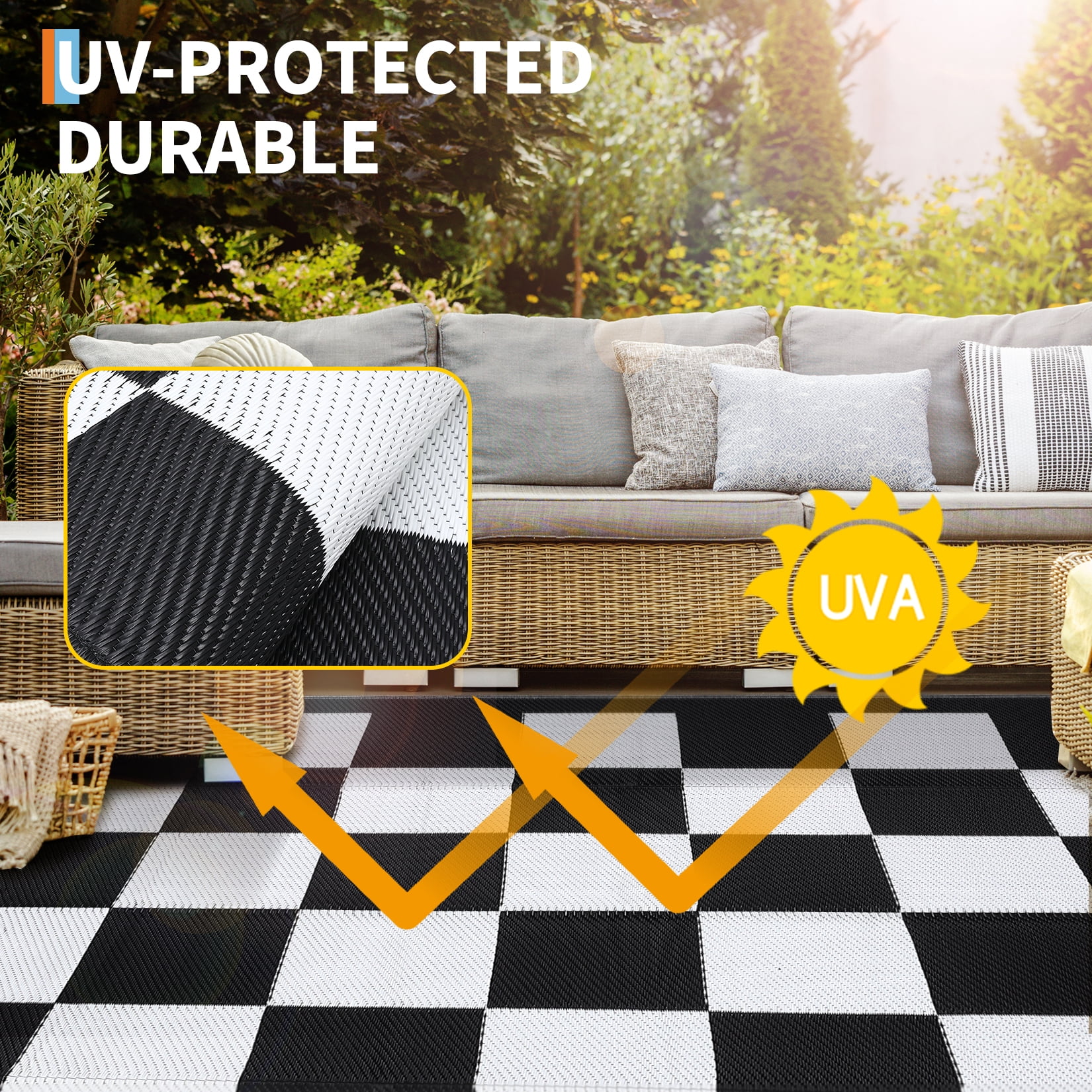 Waterproof Outdoor Checkerboard Rug - All-Weather Plastic Straw Mat for Patio & Deck, 9*12ft