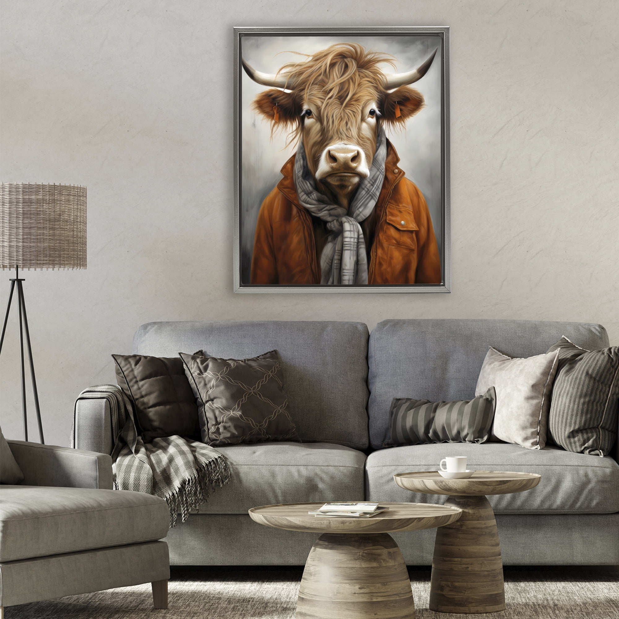 Stupell Industries Buster Bull Horn Portrait Gray Framed Floater Canvas Wall Art, design by Ray Powers