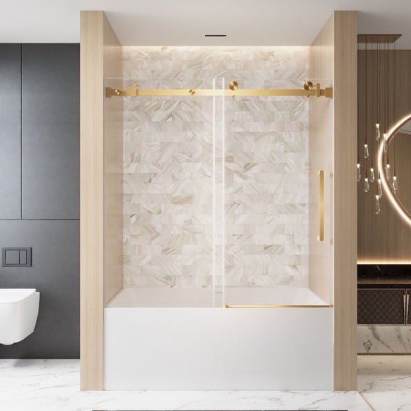 56-60" W x 60" H Frameless Single Sliding Shower Door, 1/4" Tempered Glass, Brushed Gold