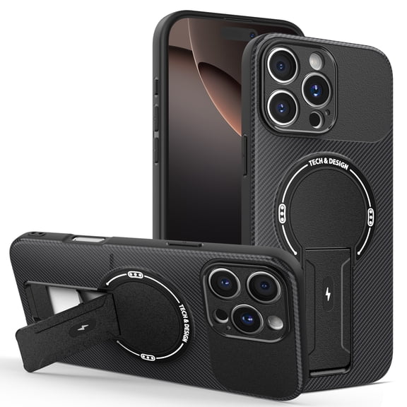 for iPhone 16 Pro Max Case, PC TPU Carbon Fiber Design, Compatible with MagSafe, Luxury Magnetic Lightweight Shockproof Ultra Slim Protective Cover with Bracket, for iPhone 16 Pro Max, Black
