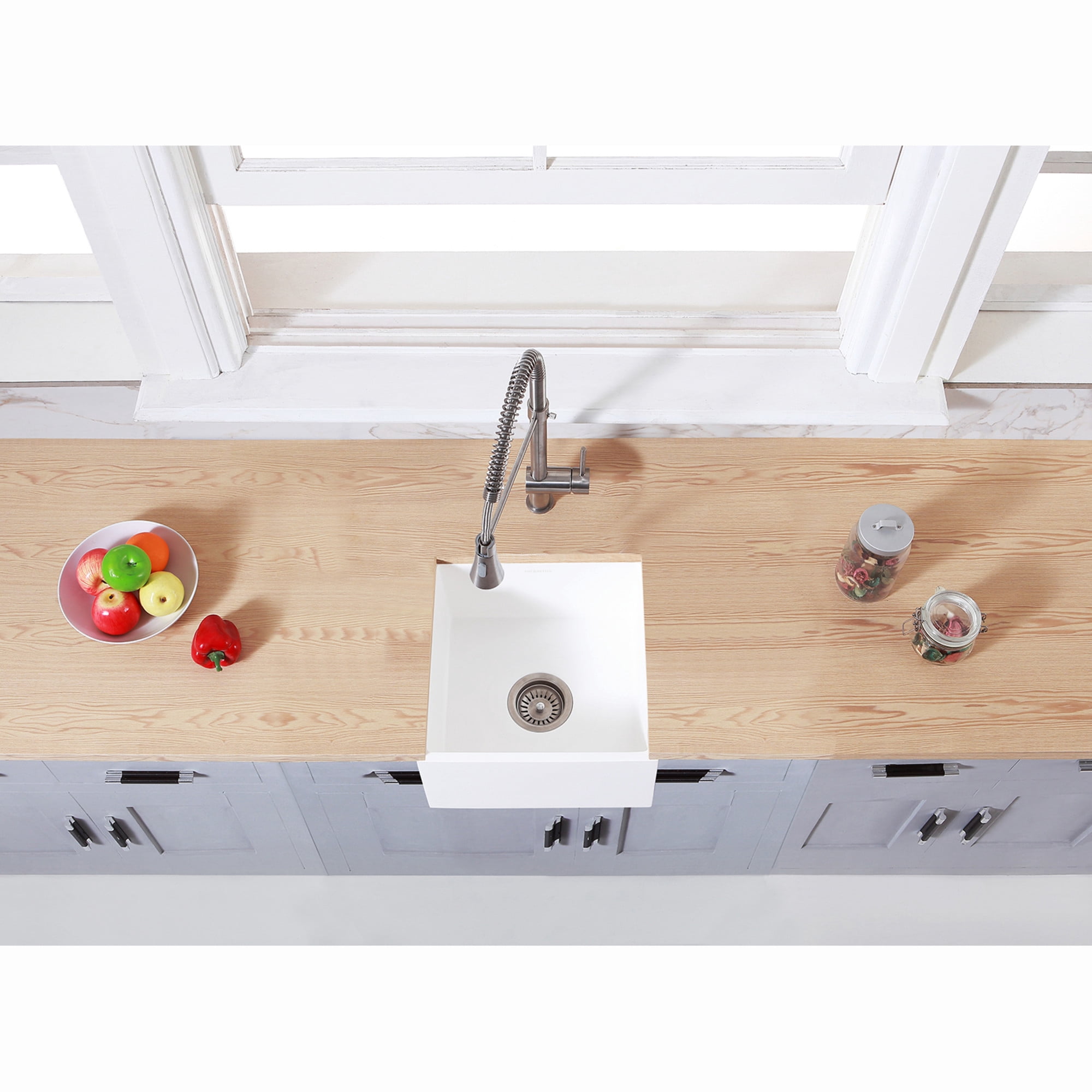 Gourmetier GKUSA15158 Arcticstone 15-Inch Solid Surface White Stone Apron-Front Single Bowl Farmhouse Bar Prep Sink with Strainer in Matte White