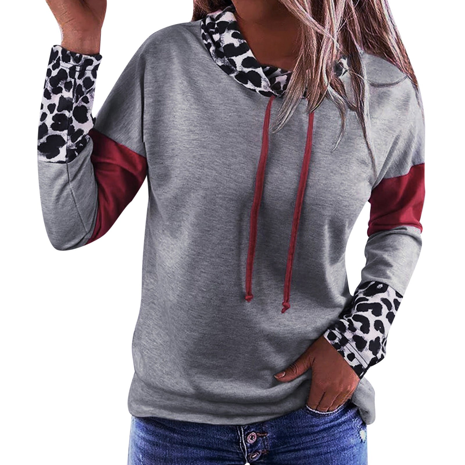 Ladies Winter Leopard Printed Pile Neck Loose Long Sleeve Plaid Patchwork  Shirt Top