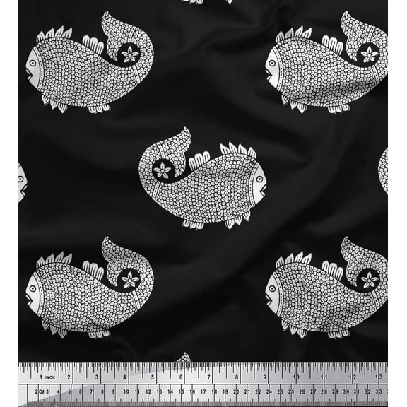 Soimoi Crepe Silk Fabric Fish Block Print Fabric by The Yard 42 Inch Wide