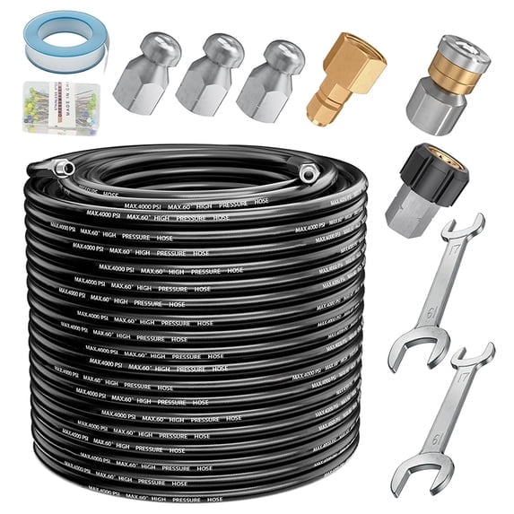 POHIR Sewer Jetter Kit 100FT for Pressure Washer 4000PSI Hydrojet Drain Cleaning Kit with Button Nose 1/4 Inch NPT Rotating Sewer Jet Nozzle Spanner